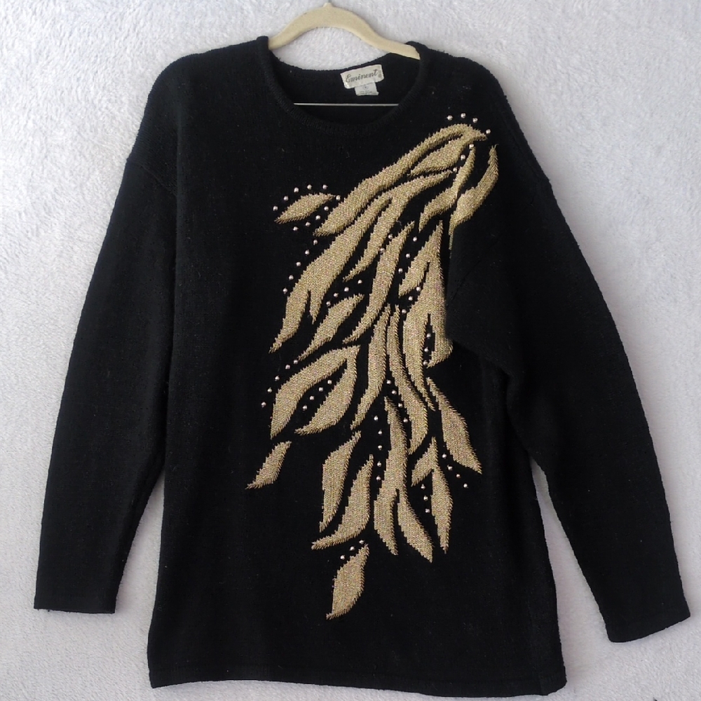 Eminent Vintage Women's‎ 80's Gold Angora Silk Blend Beaded Sweater Size M